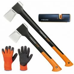 FISKARS Set Spaltaxt X25 - XL + X11 - S + Xsharp Schärfer + Handschuhe